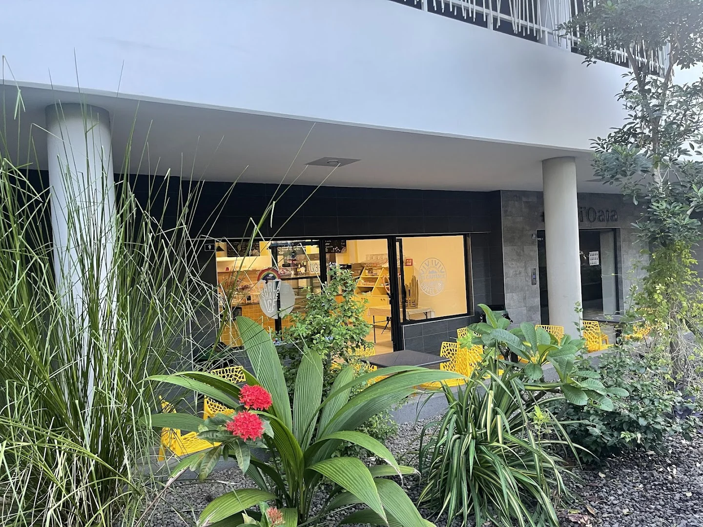 La devanture de La Capitale à Papeete, terrasse ombragée et plantes tropicales